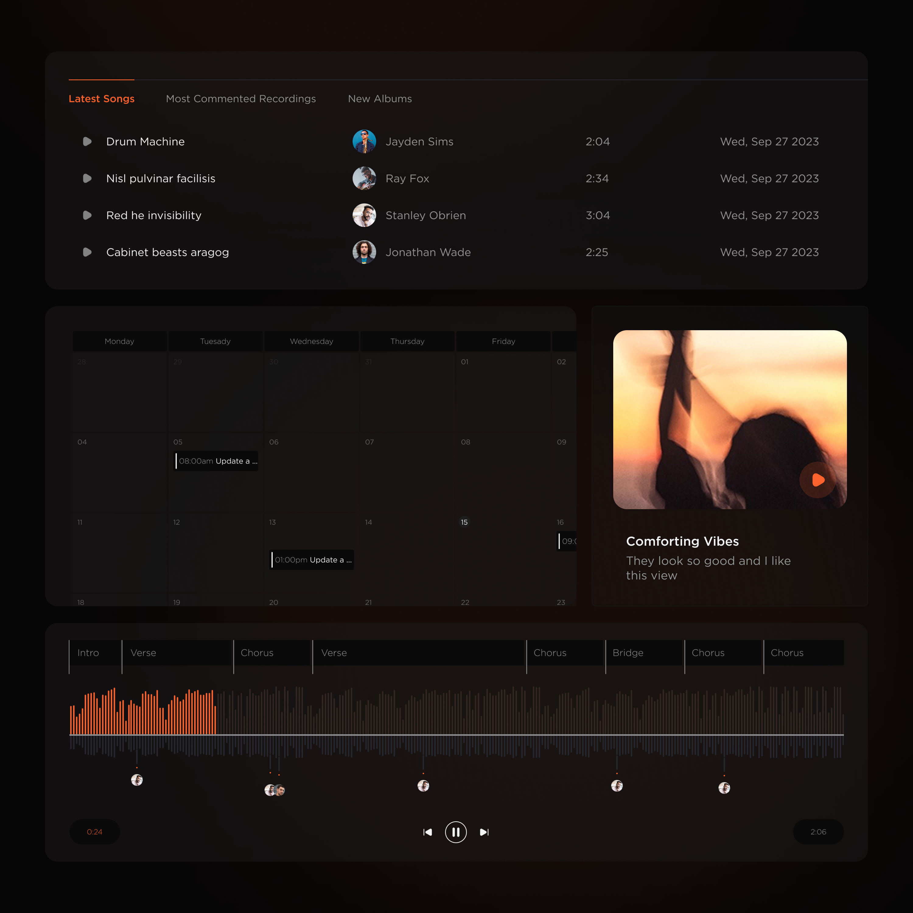 Music App - SaaS Platform for Music Artists app dark app for atrists app for music artist calendar clean dark dashboard music music app music app dark player saas saas platform saas ui songs songs app ui web app