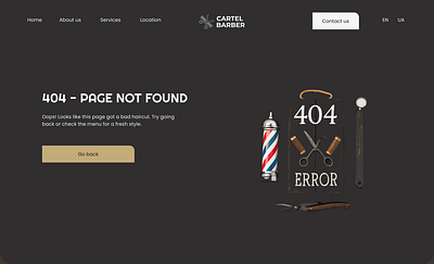 Error page 404 - page not found 404 barber barbershop cta dark design error 404 error page error page 404 error pages gold landing page logo page not found ui user experience ux vector vector illustration webdesign