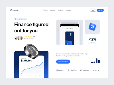 Hubpay - Finance Hero Section animation b2b banking clean dipa inhouse ewallet finance financial fintech hero hero section investment modern saas startup uiux wealth wealth management web design website