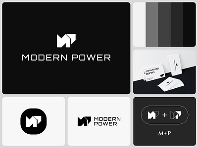 Modern Power - Logo Design abstract logo black white business card dark graphic design grey scale logo design logo mark minimalistic modern modern power mp logo neutral powerfull wordmark