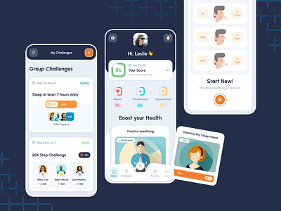 Boost Health, Build Habits: Wellness App Design 💪 breath breathing challenges fitness goals graph habits health interactive meditation mindfulness progress sleep stats steps tracking uxforhealth wellness