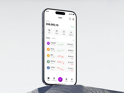 Crypto Wallet • Mobile App app application assets balance cards clear crypto design junior market mobile nfts settings simple transaction ui ux wallet web white