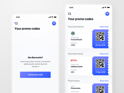 Promo Codes clean ui discount empty state mainpage offers promo codes qrcode