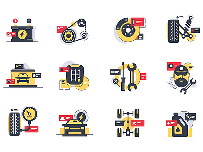 Car service icons car chassis flat icons illustration kit8 mobile service support urban vector