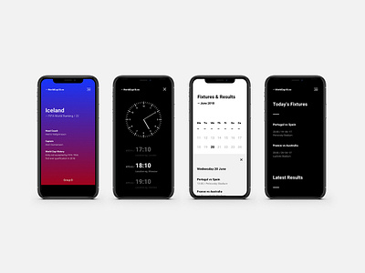 WorldCup18.co Mobile screens branding calendar clock data football grid minimal mobile sport ui ux