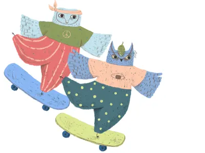 Hippie Owls childrens illustration digital art digital drawing digital illustration digital painting happy art hippies illustration kids art kids illustration owl owls photoshop skateboard