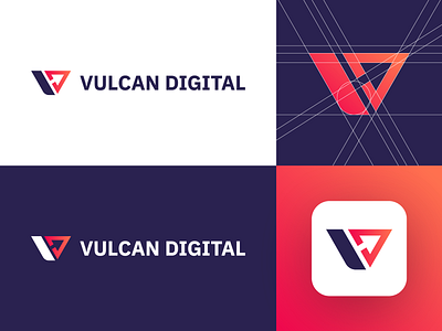 Vulcan Digital - Logo Design Concept app branding clean corporate digital media tech gradient icon identity letter logo logo design logo designer logotype mark marketing agency monogram red gradient symbol v letter logo vulcan