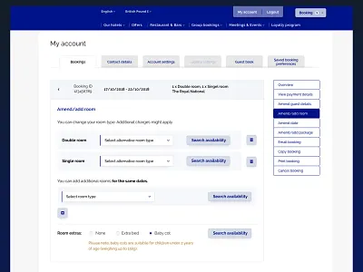 My Account - Hotel Booking Website hospitality hotel interface design my account online booking reservation room booking side navigation sidebar tabs ui design ux design