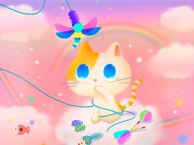 Playing cat with her toys. animal cat cattoy character cloud color cute digital illustration digital painting digitalart doodle drawing fish illustration kasha kasha photoshop pink rainbow sky toy