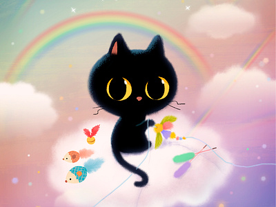 Cat toys beyond the rainbow animal blackcat cartoon cat cattoy character cloud color concept creative cute design doodle drawing illustration mouse photoshop rainbow toy