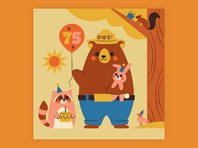 Happy 75th, Smokey! balloon bear bird birthday birthday party bunny forest illustration party rabbit raccoon smokey bear smokey the bear squirrel