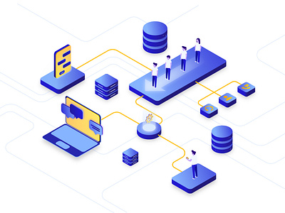 Customer Experience Isometric Illustration blue computer connected customer cx cx slump electricity experience illustration isometric isometric illustration people phone tech technology yellow