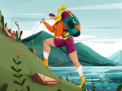 Hiker 2d air animation boots cel character design enviroment flowers fresh illustration lake mountain nature newzealand plants summer wanaka wild wildlife