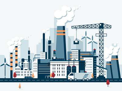 Factory illustration blue building color digital factory illustration login power plant smog system