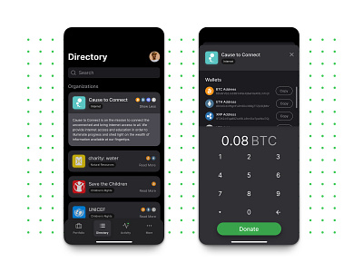 KAL | Crypto Donation App a small studio app appdesign blockchain charity cloud crypto dark mode donate kal kal el kryptonite nonprofit product design seattle sketch superman ui ux wallet