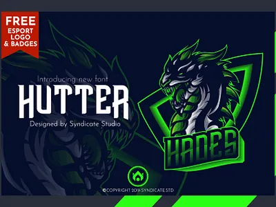 HUTTER | Esport Font + FREE Logo and Badges animal badges bundle detail diaplayfont esport font esportlogo font font design gaming head illustration logo modern vector