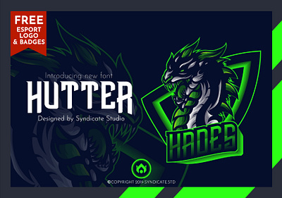 HUTTER | Esport Font + FREE Logo and Badges animal badges bundle detail diaplayfont esport font esportlogo font font design gaming head illustration logo modern vector