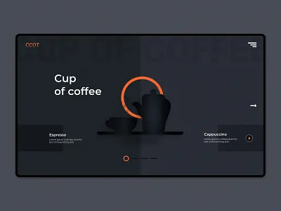 Café Landing Page | Coffee Shop Website banner design beverage branding cafe coffee cup dark theme darkness design dribbble homepage illustration kettle landing page minimalist orange restaurant slider design ui ux design