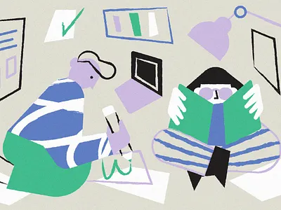 Work analysis blog books character editorial illustration students study vector work