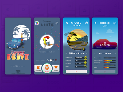 Racing Game App UI Concept adobe app car cartoon drive game illustration ios mobile prototype racing summer ui ux wireframe xd