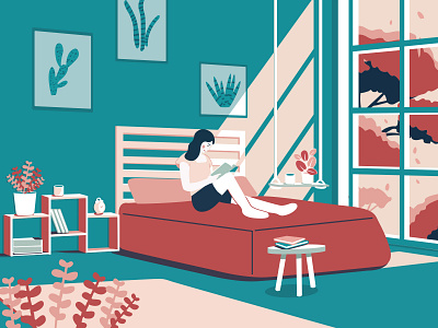 Nice weekend bedroom bookcase girl illustration leaves plants table wall window