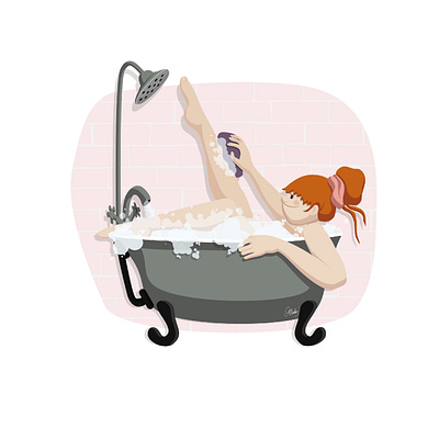 Girl in bathroom bath cartoon character flat funny girl illustration minimal redhead vector