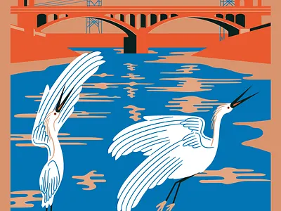 LA River Birds, detail bird dtla egret hoodzpah illustration la river lettering reflection ripple river stork water