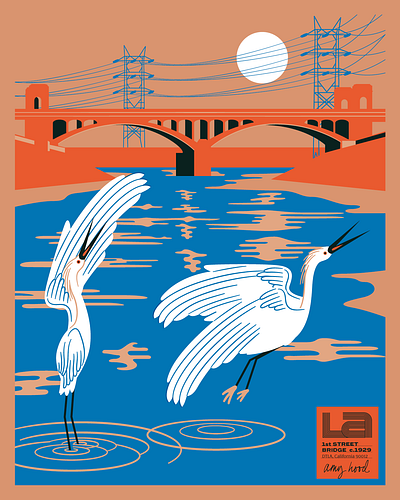 LA River Birds, detail bird dtla egret hoodzpah illustration la river lettering reflection ripple river stork water