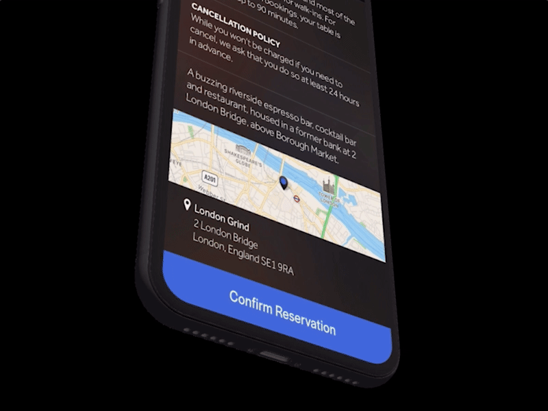 RESY Booking Confirmation adobe xd animation app booking confirmation dark food interaction ios mobile mobile ui motion reservation ui ui ux ux