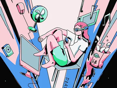 Stay at home blue computer design girl green home illustration music pink summer