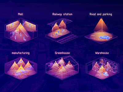 3d isometric icons 3d aerial aerial view design engineering factory greenhouse icons illustration isometric isometry lighting railway render road technology warehouse