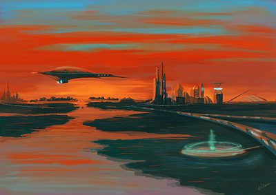 Flat sunset aircraft city digitalart future horizon illustration procreate red sci fi sky skyline sunset