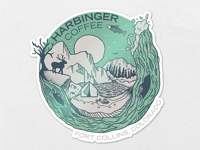 Harbinger Coffee Sticker camping coffee colorado craft coffee design fort collins graphic design illustration mountains river sticker summer vector