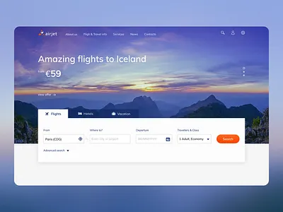 Flight booking website for Air Jet agency airline boarding booking branding concept flight holiday hotel interface search travel ui uiux vacation webdesign website