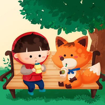 Under the tree boy character character art characterdesign chillingtime cute doodle drink fox friendship illustration photoshop poodieandfori summer tree underthetree vector