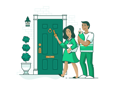 Let's Go Inside agent door family green home house illustration illustrator man real estate realestate woman