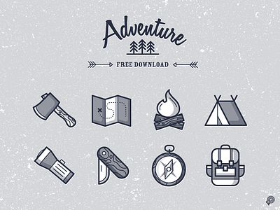 Free Download - Adventure Icons 2d adventure axe bag compass design fire flashlight freebie freedownload freeicons icon icons illustration line lineart lines monochrome tent ui