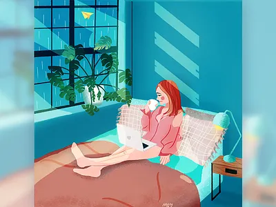 最近的雨总是下个不停！ It's always raining lately! bed bedroom cafa girl illustration moon night rain raining sad