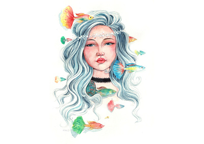 Silence alone color fish fishes girl illustration thanhxinh watercolorpainting