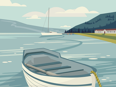 Landscape boat illustration lake landscape nature view