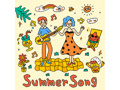 summer song clean color fish illustration people ui vodka wine