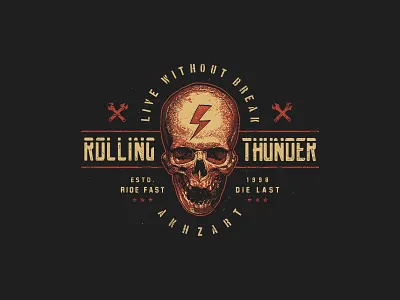 Rolling Thunder akhzart apparel design badge design band biker brand clothing harley davidson merch motorcycle retro design skateboard skull two wheels typography vintage motorcycle