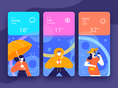 Weather App app character cold illustration mobile onboarding people rain sunny weather