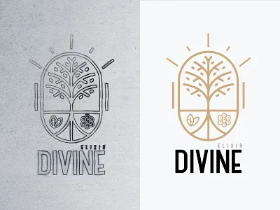 Divine Elixir brand branding brown concept design divine elixir gold icon illuminati life logo mark serious sketch stamp tree