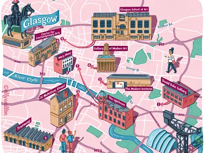 Glasgow art trail map art cartography editorial editorial illustration illustrated map illustrated maps illustration magazine magazine illustration map map artist map illustration map illustrator maps