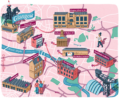 Glasgow art trail map art cartography editorial editorial illustration illustrated map illustrated maps illustration magazine magazine illustration map map artist map illustration map illustrator maps