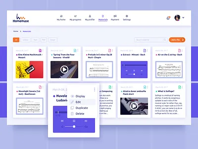 Homemuse - Materials - Dashboard colours dashboard documents files filters lessons library materials orange profile purple ui design user interface user profile ux