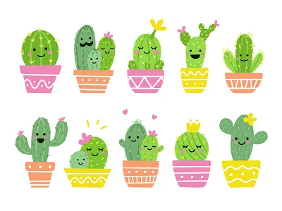 Funny cactus family cacti cactus character cute flat fun funny illustration kawaii smile vector