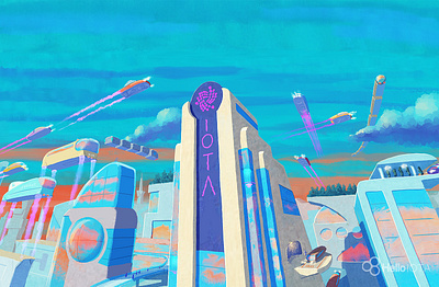 IOTA Foundation aircraft cars city cryptocurrency digital painting future illustration illustration art iota photoshop sci fi sky transport
