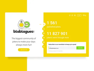 Blablagues - Homepage green homepage jokes newsletter tabs ui design yellow